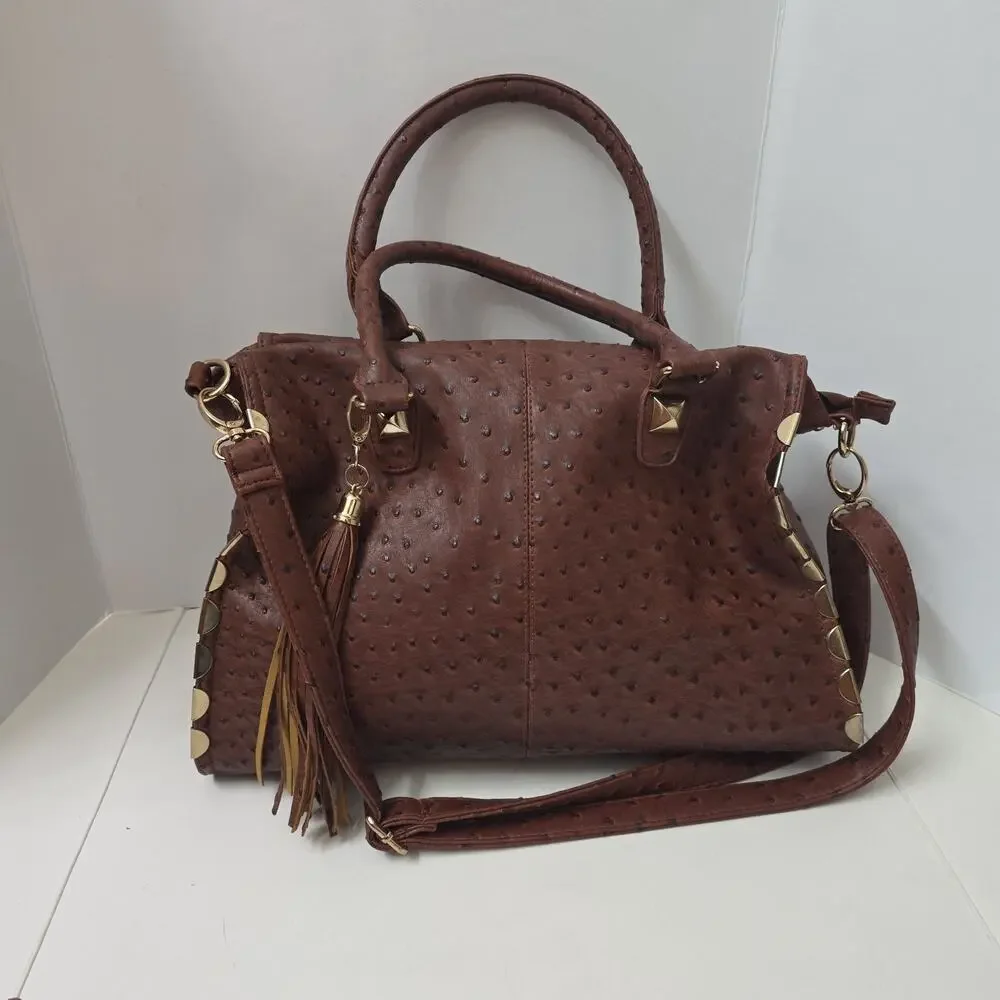 Imoshion Brown Ostrich Embossed Satchel Crossbody Large Bag Tassel Studded Purse